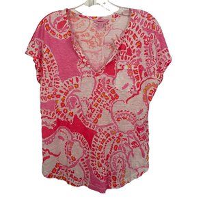 Lilly Pulitzer Duval Top Hot Coral Trunk in Love Size XS 12238 100% Linen